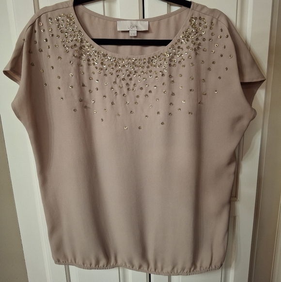 LOFT Tops - LOFT Tan Embellished Short Sleeve Top